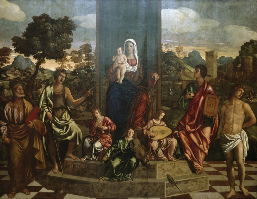 A Virgem com o Menino em majestade com os santos Pedro, João Batista, João Evangelista, Sebastião e três anjos músicos - Giovanni Bellini