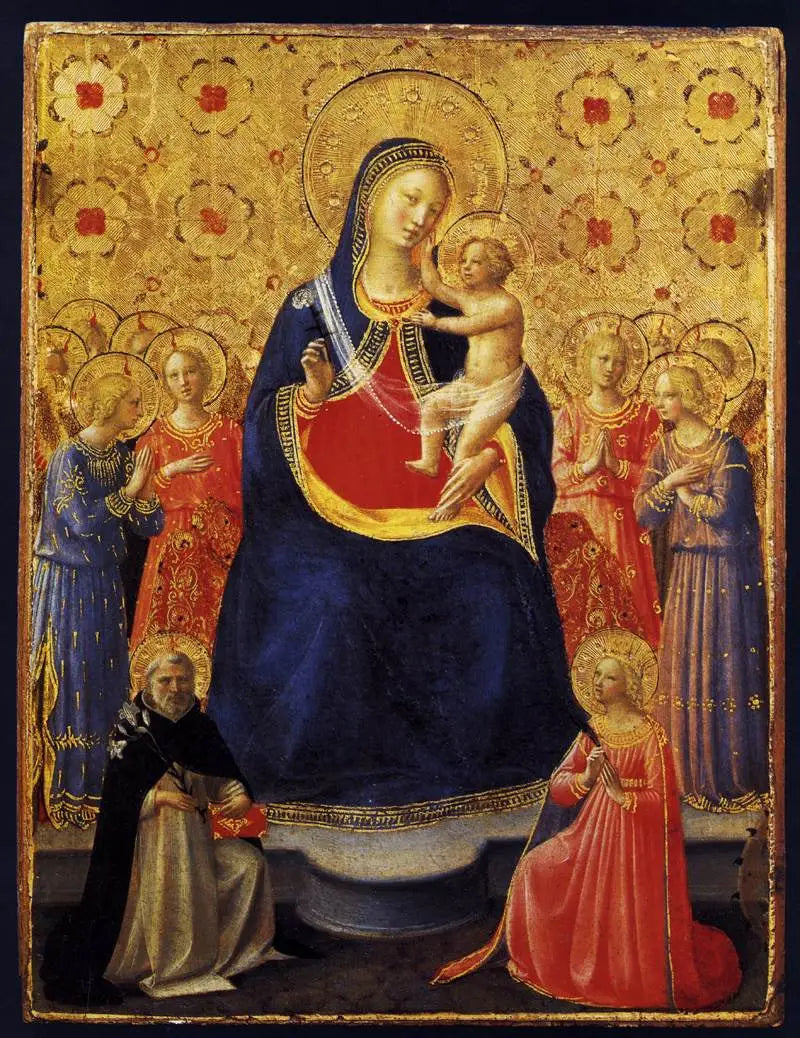 A Virgem com o Menino no trono com nove anjos e os santos Domingos e Catarina de Alexandria - Fra Angelico