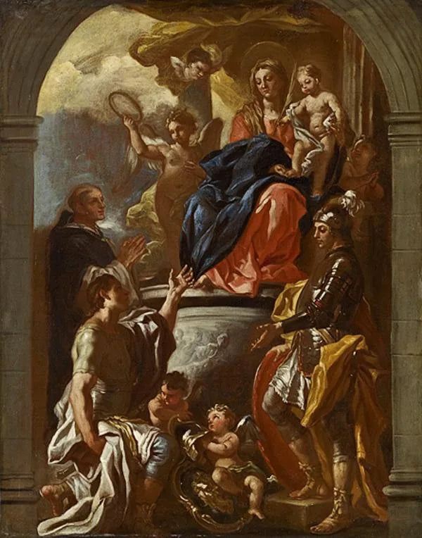A Virgem com o Menino no trono com São Pedro mártir e dois santos guerreiros - Francesco Solimena