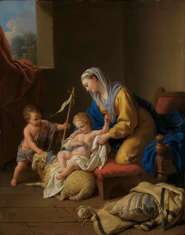 A Virgem diverte o Menino Jesus, o pequeno São João com um cordeiro - Louis Jean François Lagrenée
