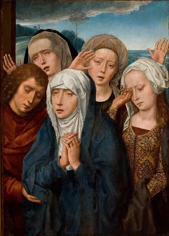A Virgem Dolorosa com São João e as piedosas mulheres da Galileia - Hans Memling