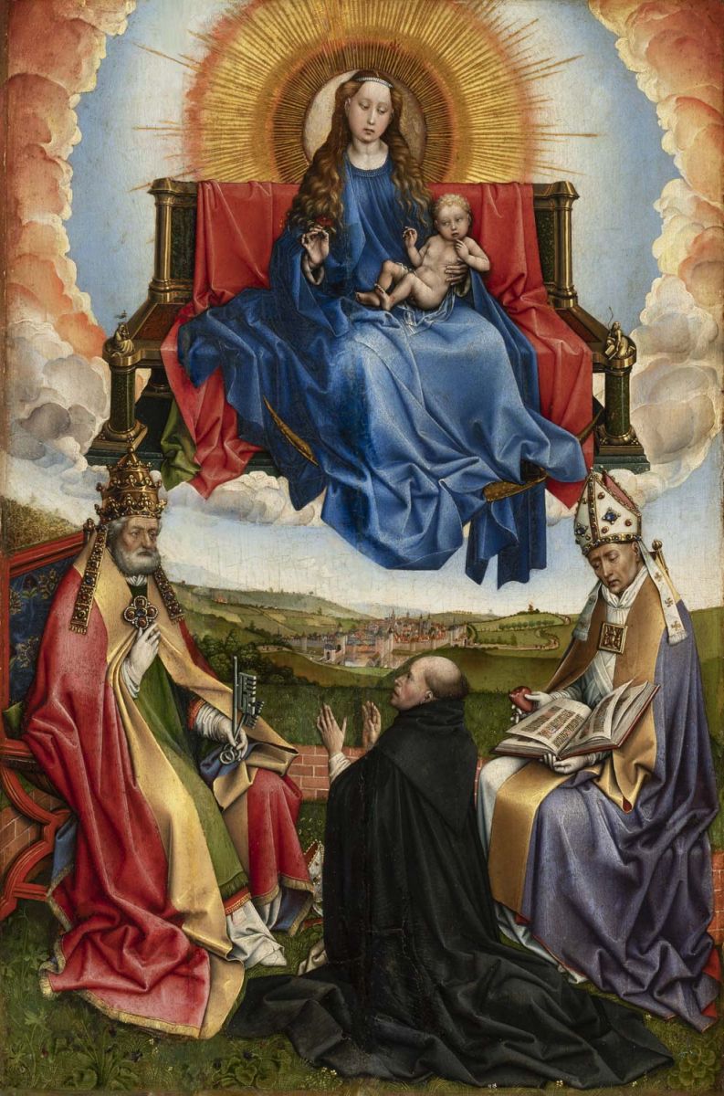 A Virgem em glória entre São Pedro e Santo Agostinho venerada por um doador - Robert Campin