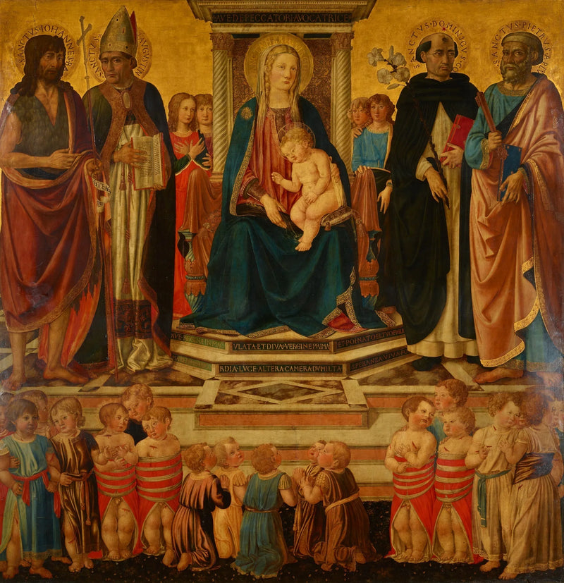A Virgem e o Menino abençoando, sentados com os santos João, Agostinho, Domingos, Pedro e as vítimas do massacre de crianças betemitas - Cosimo Rosselli