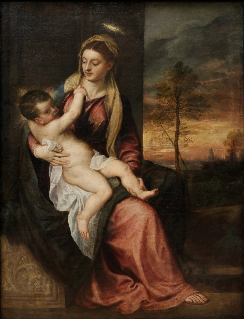 A Virgem e o Menino em uma paisagem do entardecer - Titian