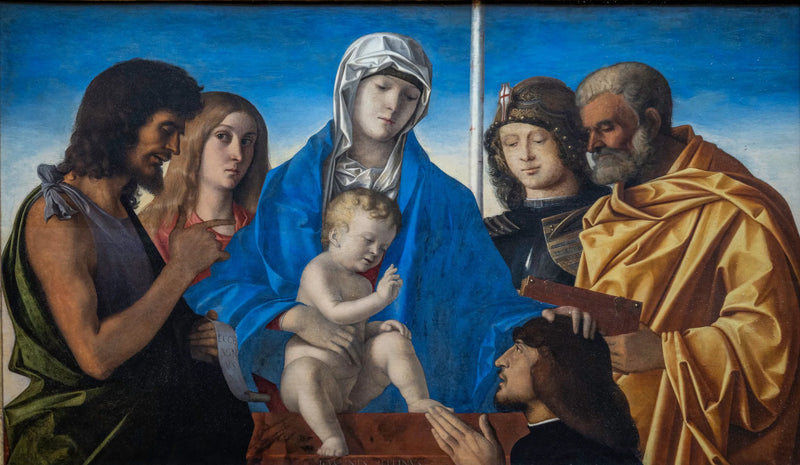A Virgem e o Menino rodeados de São João Batista, Santa Maria Madalena, São Jorge, São Pedro e um doador - Giovanni Bellini