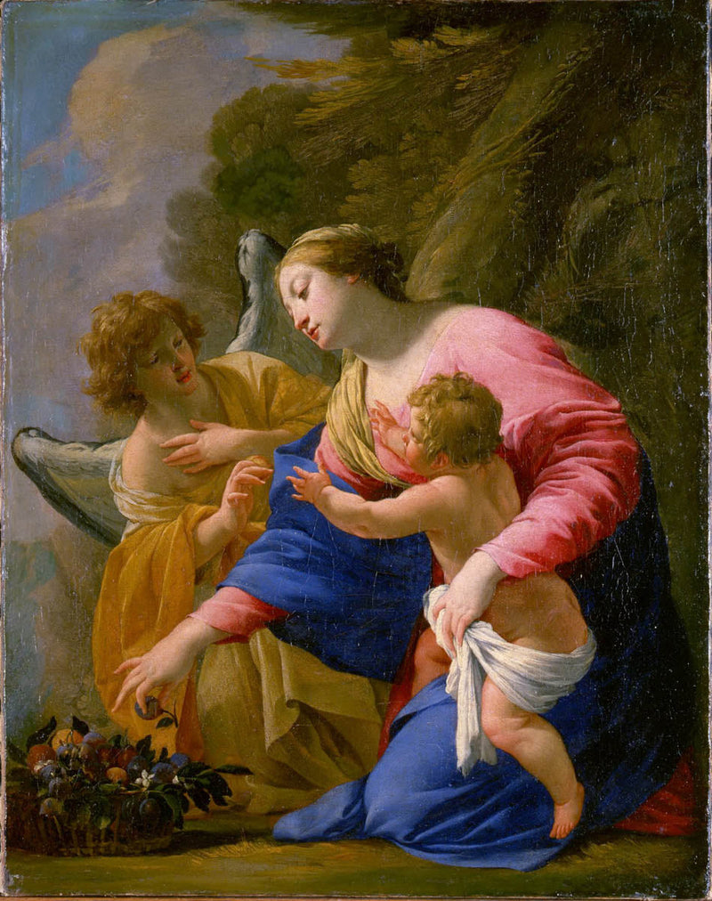 A Virgem e o Menino com uma cesta de frutas e um anjo em uma paisagem - Simon Vouet