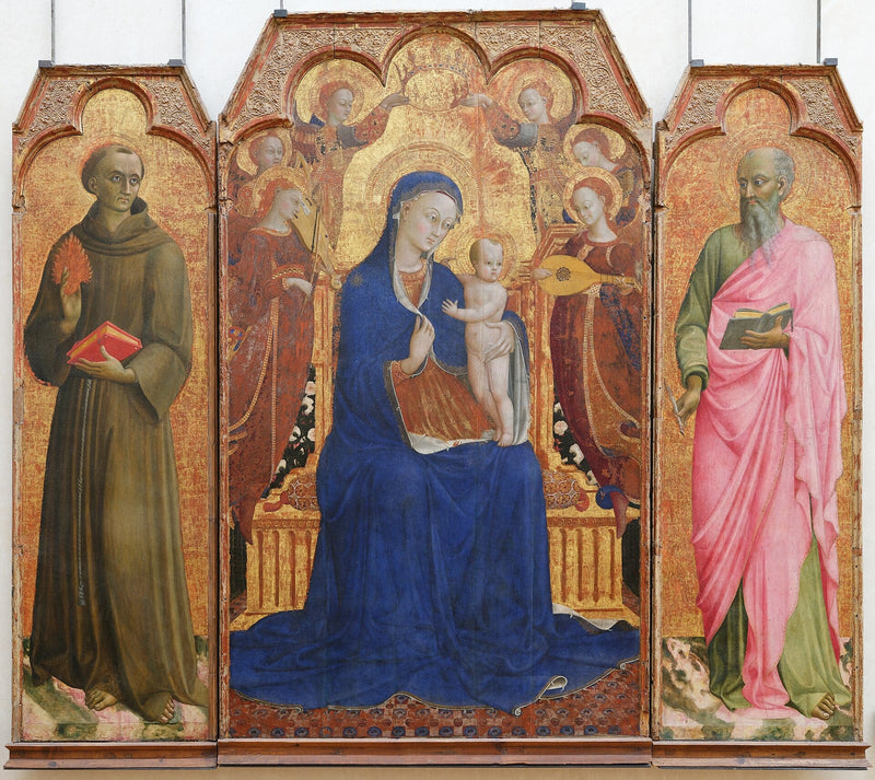 A Virgem e o Menino rodeados de anjos, Santo Antônio de Pádua e São João Evangelista - Stefano di Giovanni (Sassetta)