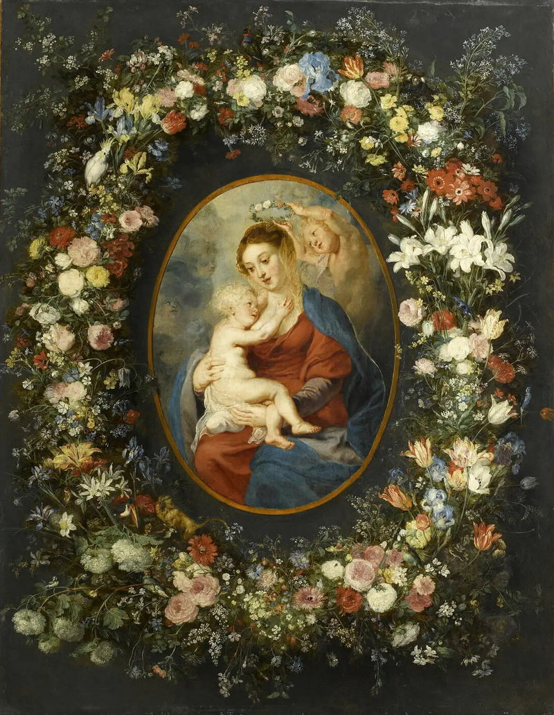 A Virgem, o Menino Jesus e um anjo no meio de uma guirlanda de flores - Peter Paul Rubens