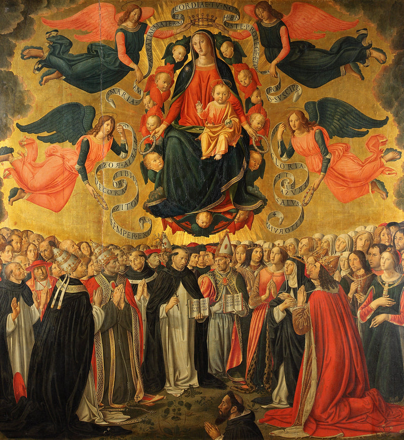 A Virgem Maria com o Menino Jesus em glória, adorados pelos anjos, santos, orações e um doador. - Cosimo Rosselli