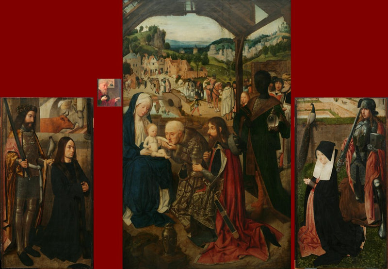 Adoração dos Magos, retábulo de abas; aba esquerda: o doador com santo Bavão; aba direita: a esposa do doador com santo Adriano - Geertgen tot Sint Jans