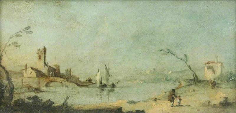 Laguna de Capriccio com uma igreja e uma ponte - Francesco Guardi