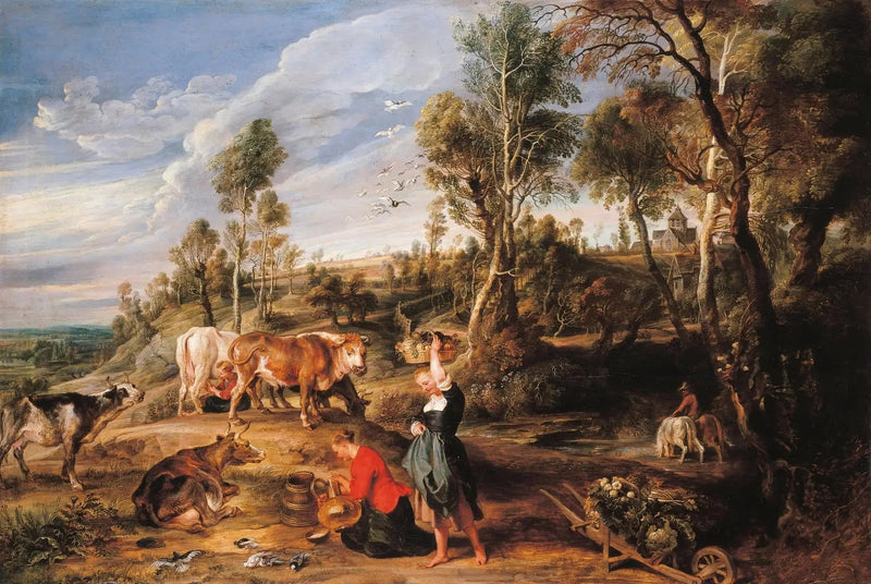 Laitières com gado em uma paisagem, « La Ferme de Laeken » - Peter Paul Rubens