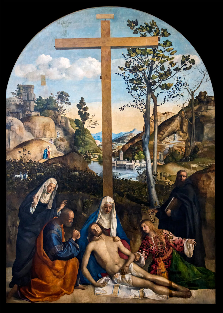 Lamentação sobre o Cristo morto com José de Arimateia, a Virgem e Maria Madalena, entre Santa Marta e Filippo Benizi - Giovanni Bellini