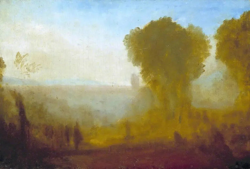 Paisagem com Torre, Árvores e Figuras; possivelmente Arcueil perto de Paris - J. M. W. Turner