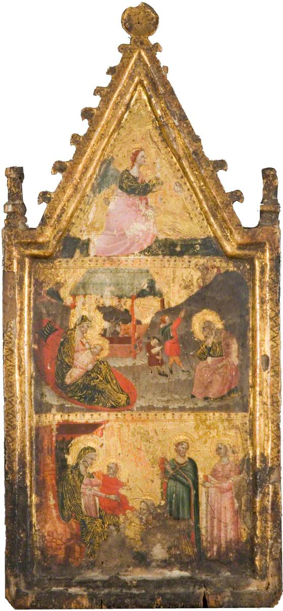 O Anjo da Anunciação (no topo), o Nascimento e a Anunciação aos pastores (no centro), a Adoração dos Reis Magos (embaixo) - Giovanni Baronzio