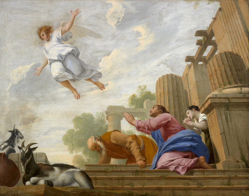 O Anjo Rafael revela sua verdadeira natureza a Tobias e à sua família e ascende ao céu - Eustache Le Sueur