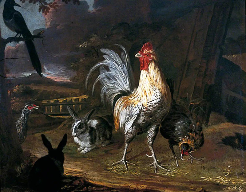 Coelhos, um galo e uma galinha em um cenário de paisagem - Melchior de Hondecoeter
