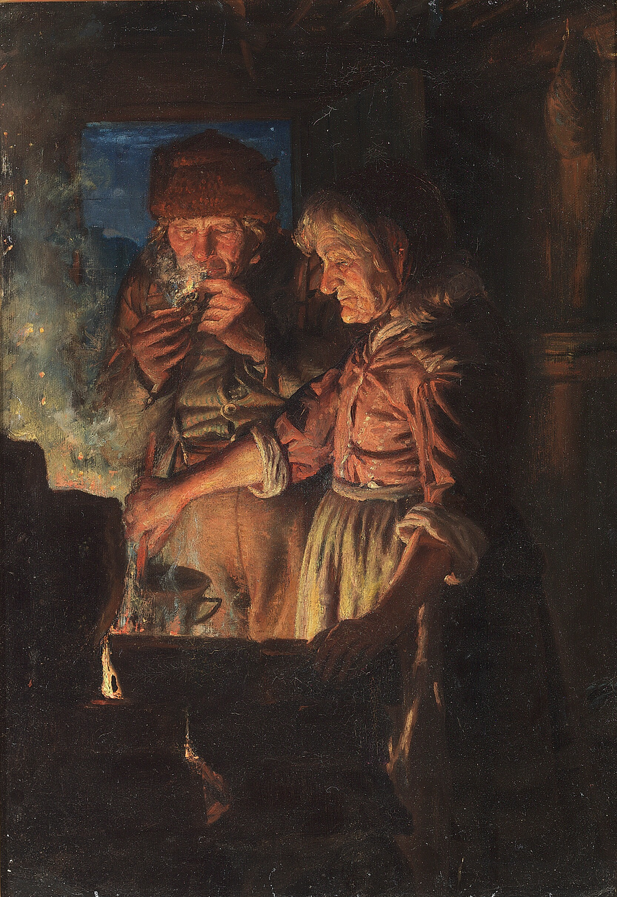 Lars Gaihede e sua esposa perto da lareira, Stifi mexendo a panela. - Michael Peter Ancher