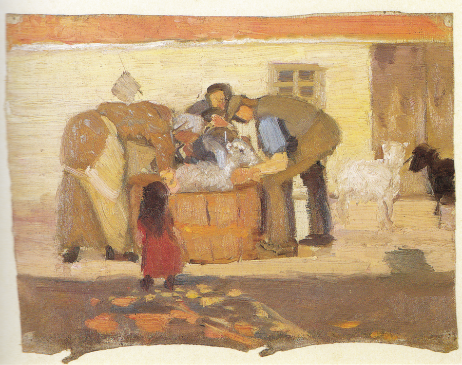 Lavar os carneiros em frente a uma casa - Anna Ancher