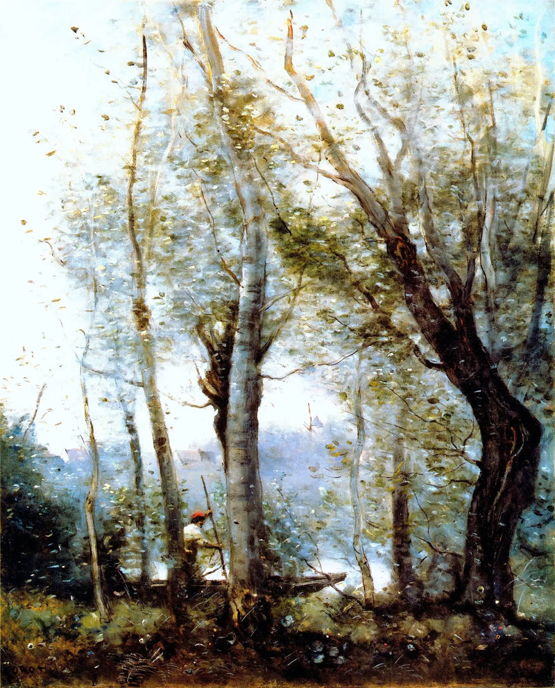 O Boteiro passando atrás das árvores da margem - Jean-Baptiste Camille Corot