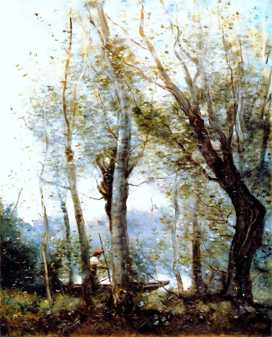 O Boteiro passando atrás das árvores da margem - Jean-Baptiste Camille Corot