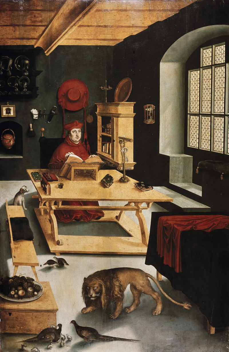 O cardeal Albrecht von Brandenburg, arcebispo de Mainz, representado como São Jerônimo em seu gabinete de trabalho - Lucas Cranach, o Velho