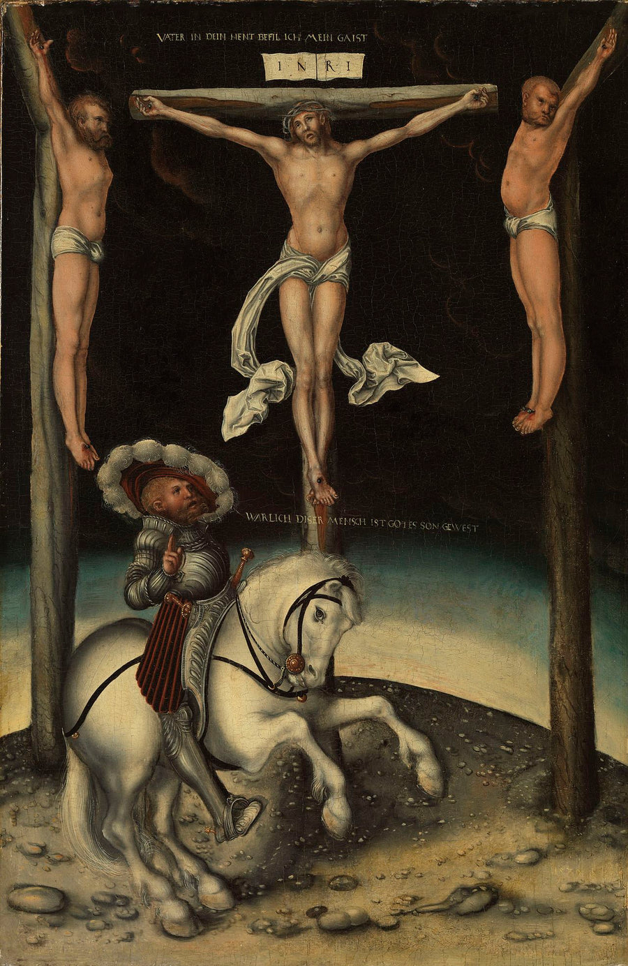 O centurión Longino entre as cruzes de Cristo e os dois ladrões - Lucas Cranach, o Velho
