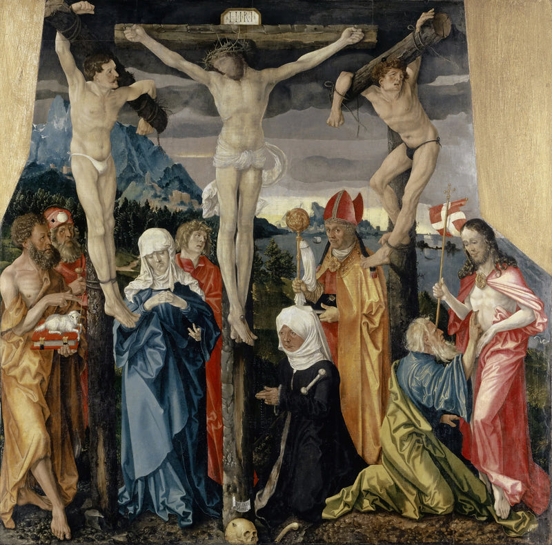 O Cristo na cruz com os ladrões, santos e uma doadora - Hans Baldung Grien