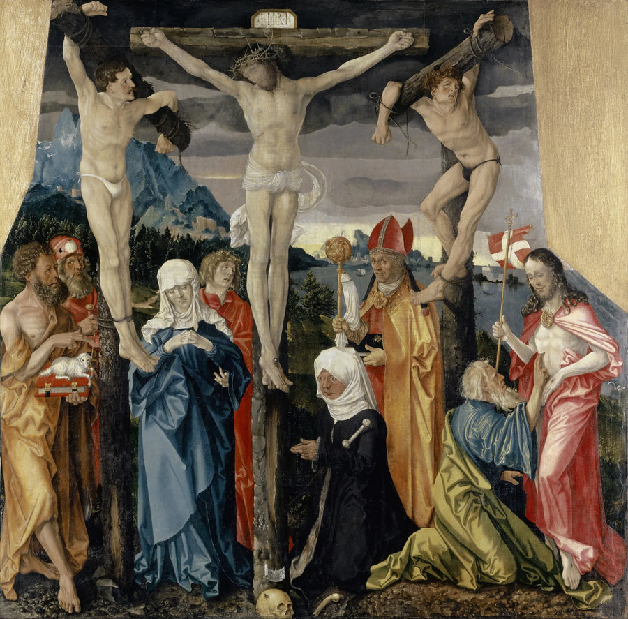 O Cristo na cruz com os ladrões, santos e uma doadora - Hans Baldung Grien