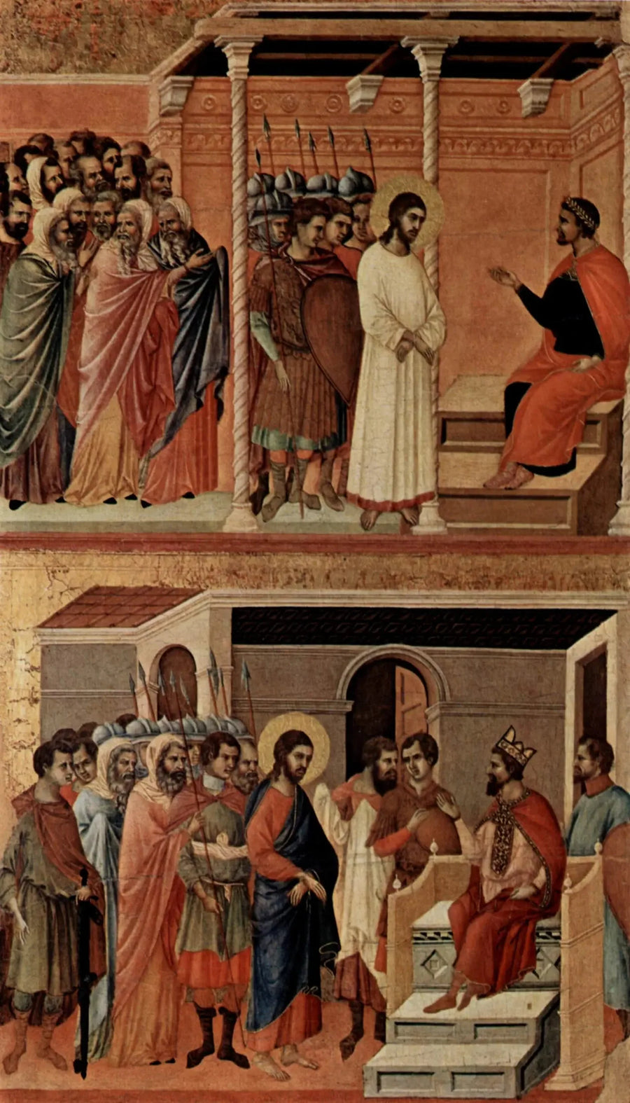 O Cristo diante de Pilatos novamente (no topo); O Cristo diante de Herodes (na parte inferior) - Duccio di Buoninsegna