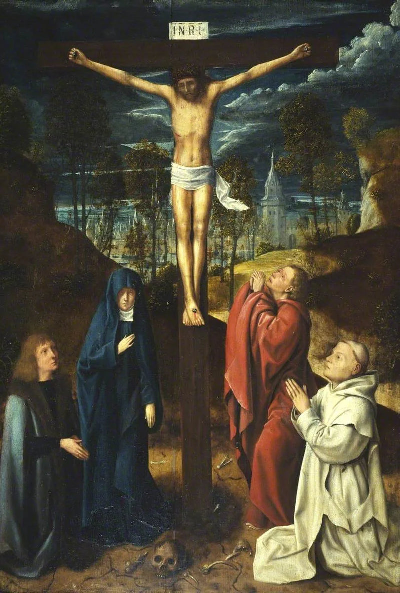 O Cristo na cruz entre a Virgem, São João e dois doadores - Quentin Metsys