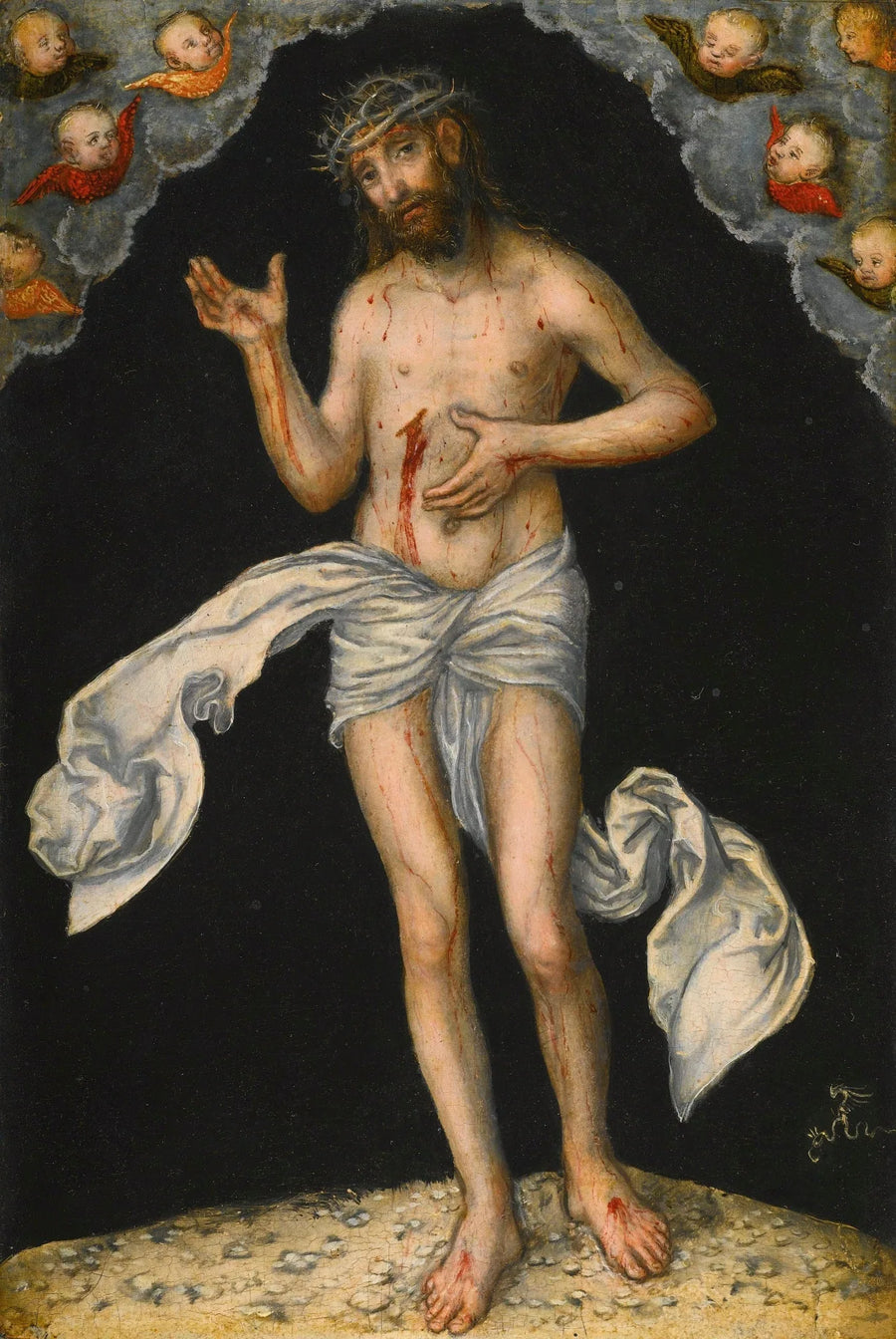 O Cristo homem de dores mostrando suas feridas - Lucas Cranach o Velho