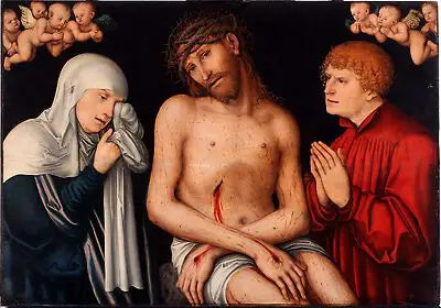 O Cristo Homem de Dores ladeado pela Virgem e São João com anjos - Lucas Cranach, o Velho