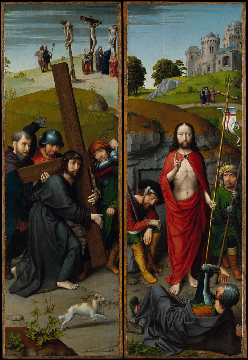 O Cristo carregando a cruz, com a crucificação; a Ressurreição, com os peregrinos de Emaús - Gérard David