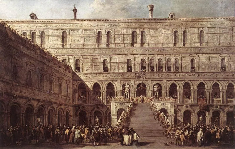 O Coroamento do doge de Veneza na escadaria dos Gigantes no palácio ducal de Veneza - Francesco Guardi