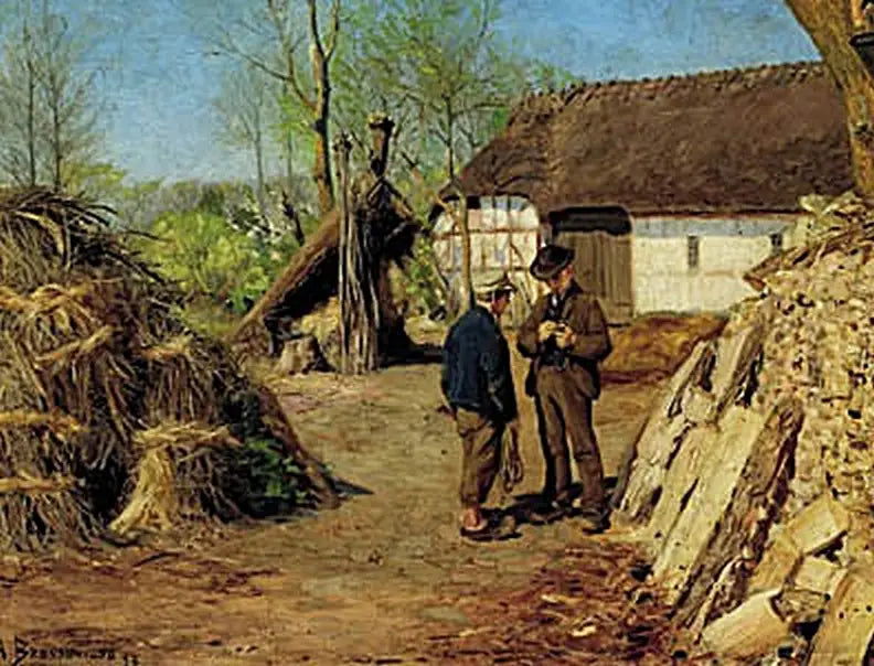 Le fils d’un jeune fermier parle à un jeune paysan. - H. A. Brendekilde - Alpha Reproduction