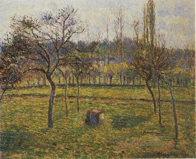 O fundo do prado em Éragny com uma mulher colhendo grama - Camille Pissarro
