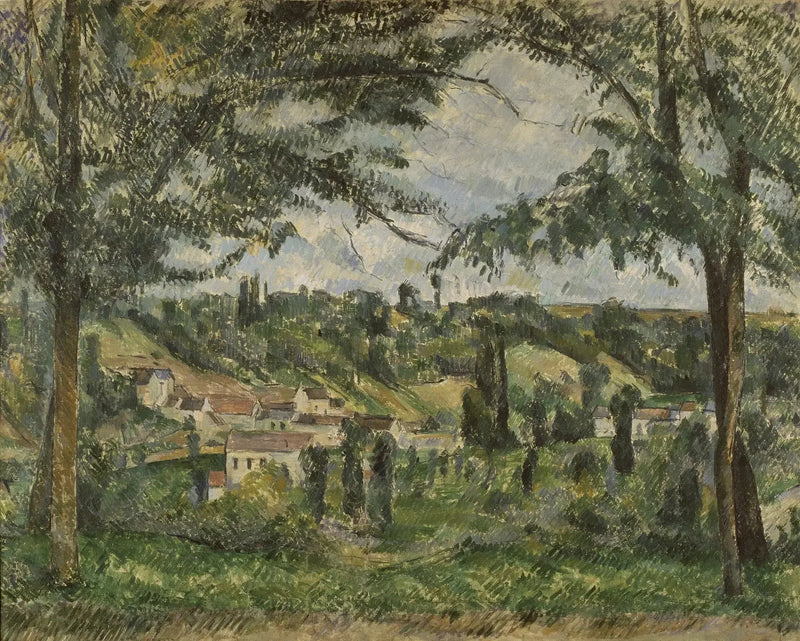 O Hameau des Pâtis em Pontoise, emoldurado por árvores - Paul Cézanne