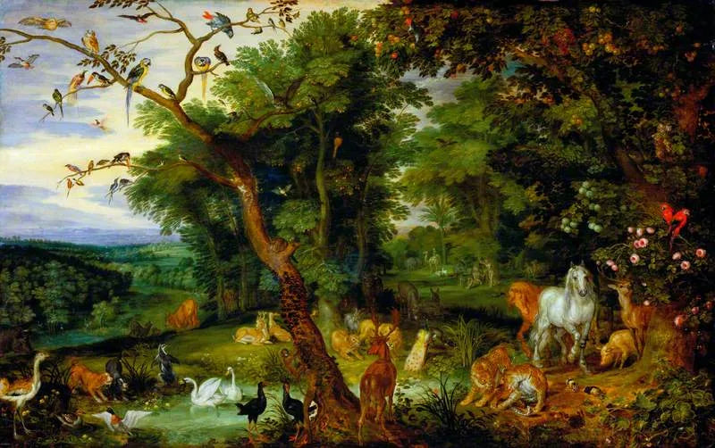 Le jardin d'Éden avec la tentation en arrière-plan - Jan Brueghel l'Ancien