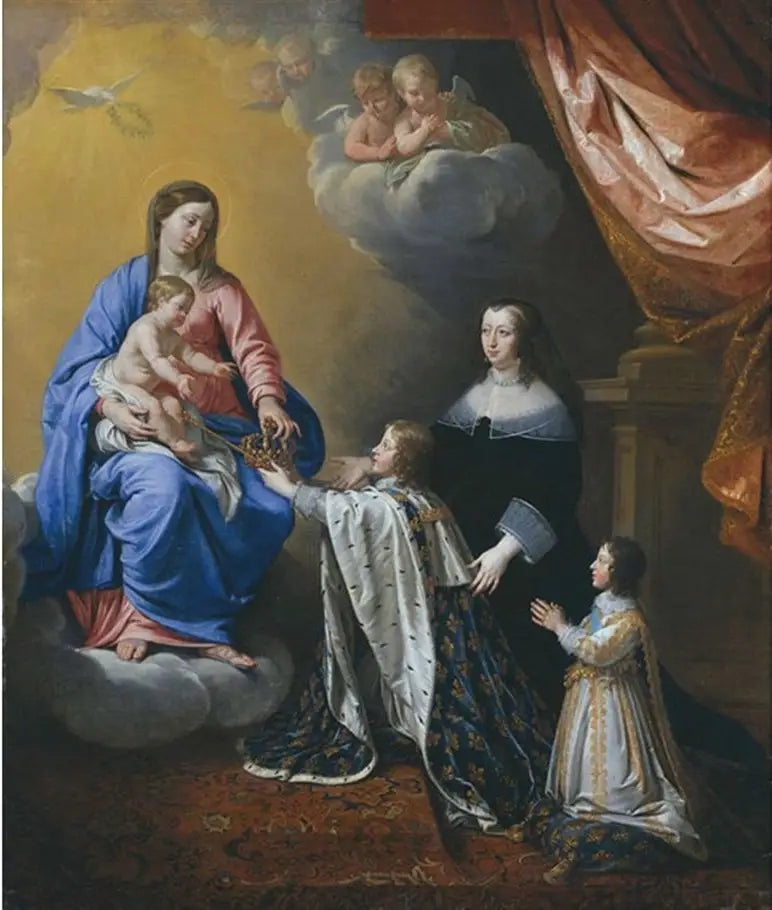 O jovem Luís XIV oferece sua coroa à Virgem e ao Menino - Philippe de Champaigne