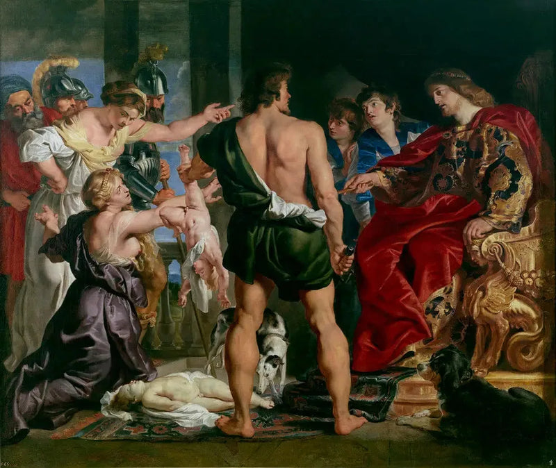 O julgamento de Salomão: Salomão pronuncia seu veredicto; ordena a um soldado que divida a criança viva ao meio; a verdadeira mãe se opõe ao veredicto de Salomão (1 Reis 3:25-27) - Peter Paul Rubens