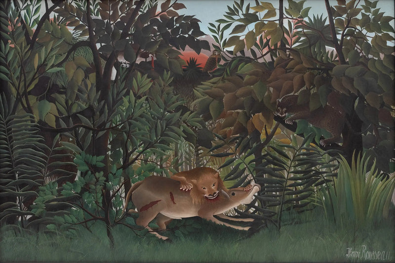 O leão, com fome, ataca a antílope - Henri Rousseau