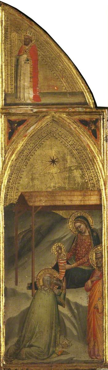 O mago adorando o Menino Jesus e o bispo (triptyque, painel direito) (verso) - Bernardo Daddi