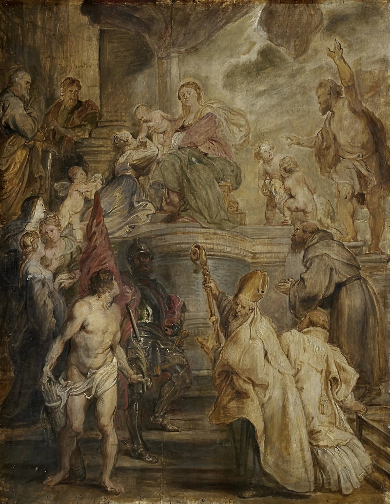 O casamento místico de Santa Catarina (Esboço colorido para o altar da igreja dos Padres Augustinos em Antuérpia), verso: Duas batalhas de cavalaria - Peter Paul Rubens