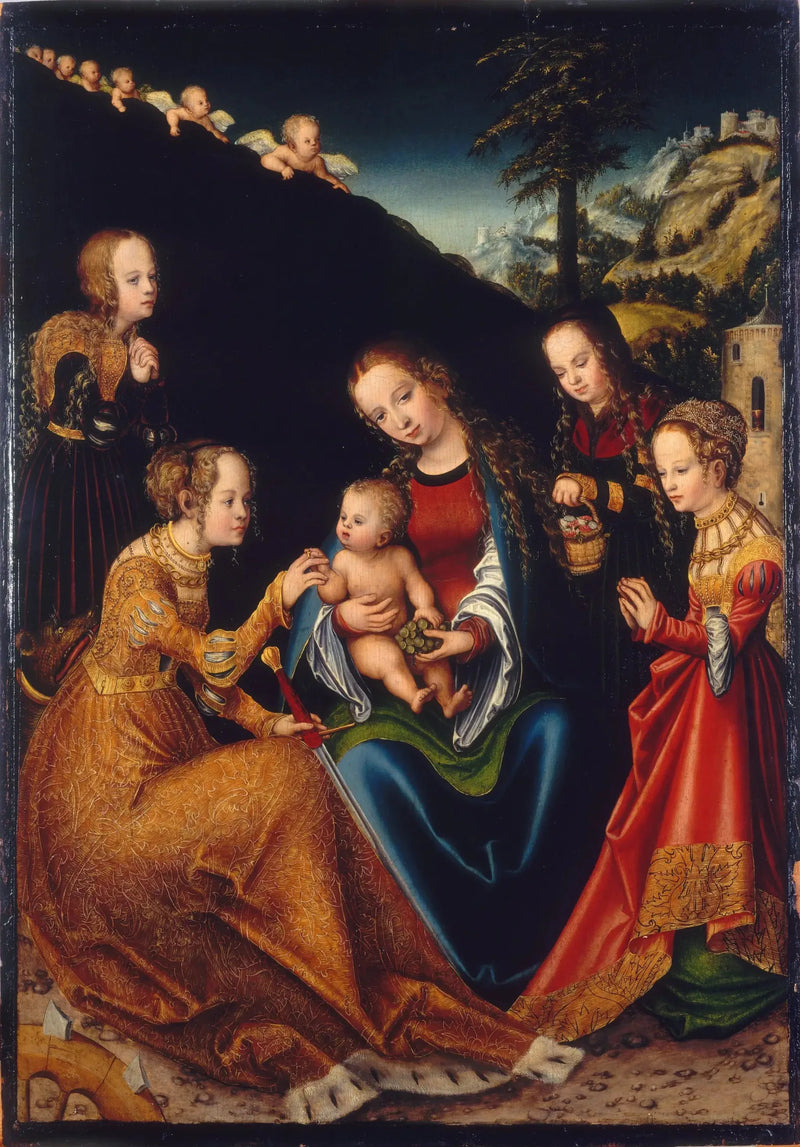 O casamento místico de Santa Catarina de Alexandria com as santas Doroteia, Margarida e Bárbara - Lucas Cranach, o Velho