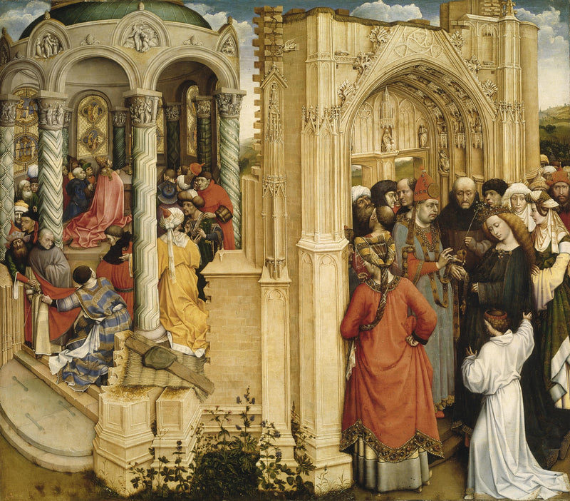O milagre do ramo florido (à esquerda); o casamento de Maria e José (à direita) - Robert Campin