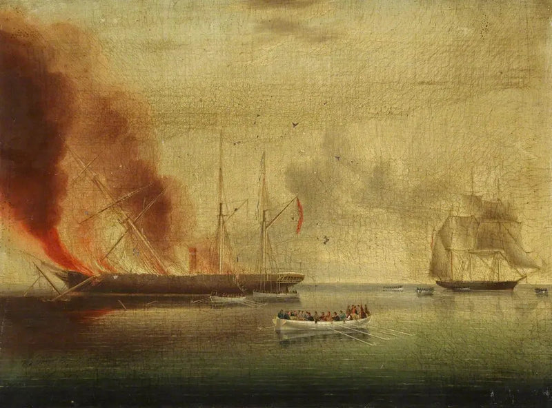 O navio a vapor « Glasgow » em chamas ao largo de Nantucket, 31 de julho de 1865: passageiros e tripulação resgatados pelo « Rosamund » - James E. Buttersworth