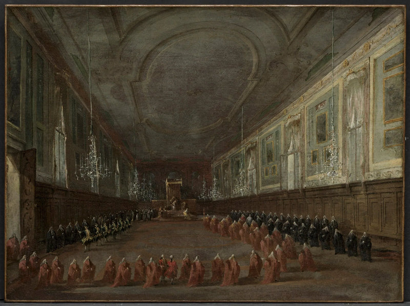 O papa Pio VI descendo do trono para se despedir do doge na sala dos Santos João e Paulo, 1782 - Francesco Guardi