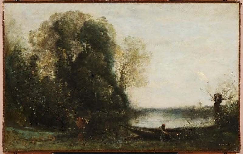 O pescador em barco na margem - Jean-Baptiste Camille Corot
