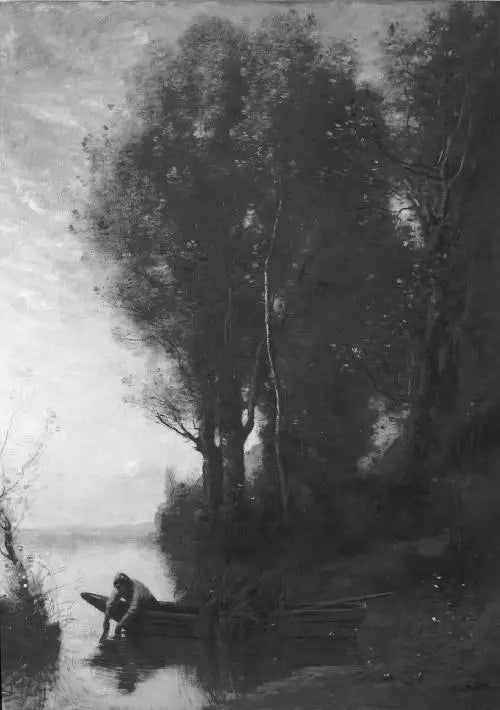 Le pêcheur en barque tire son filet au crépuscule - Jean-Baptiste Camille Corot - Alpha Reproduction